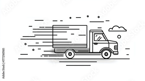 Moving Delivery Truck Outline on White, Black and White Conveying Speed and Efficiency