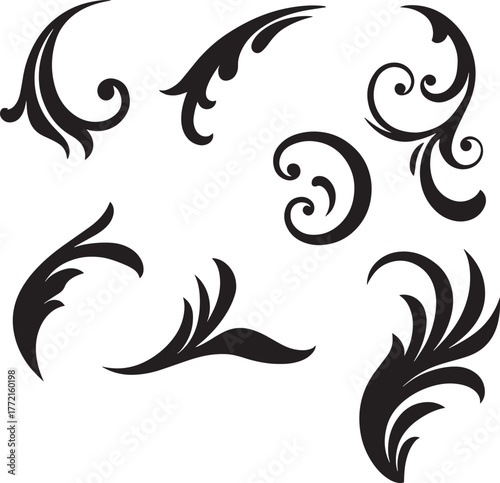 Collection of seven black decorative floral scroll ornaments on a white background flourish