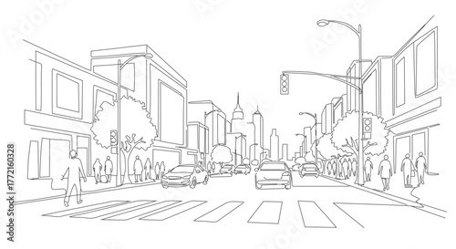 One Line Continuous Art Depicting Urban Street Scene with Vehicles and Buildings in EPS Format