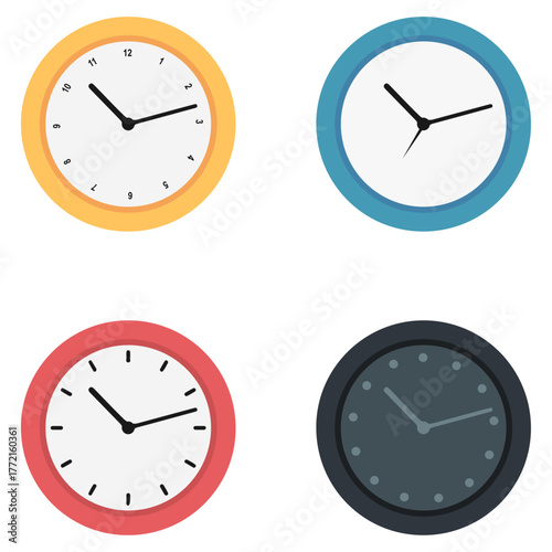 Colorful clock icon set. Analog wall timepiece vector illustration. EPS editable pack