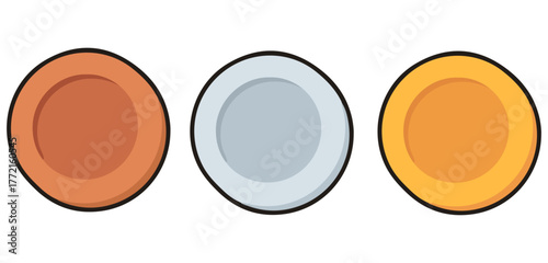 Colored plate icon set. Editable vector pack with brown, gray, and yellow dish symbols. EPS kitchenware illustration