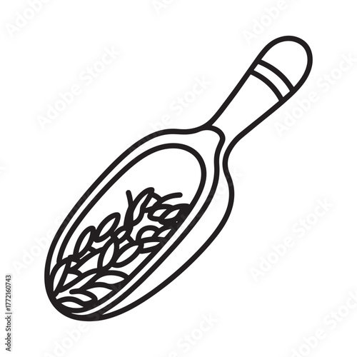 Hand drawn illustration of a wooden scoop filled with wheat grains
