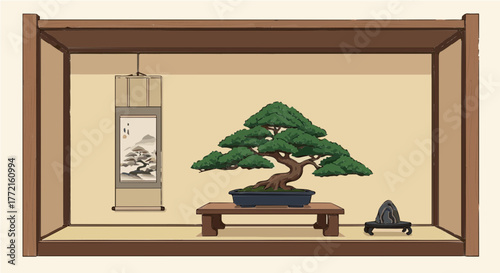 Classic Bonsai Tree in a Rectangular Pot on a Wooden Table in a Traditional Japanese Room, Embodying Serenity and Miniature Landscape Art