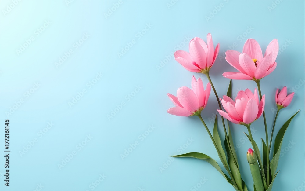 Naklejka premium Flat lay creative illustration concept of fresh field Spring flowers on pastel blue background. Beautiful pink bloomed flowers. Generative AI. High quality