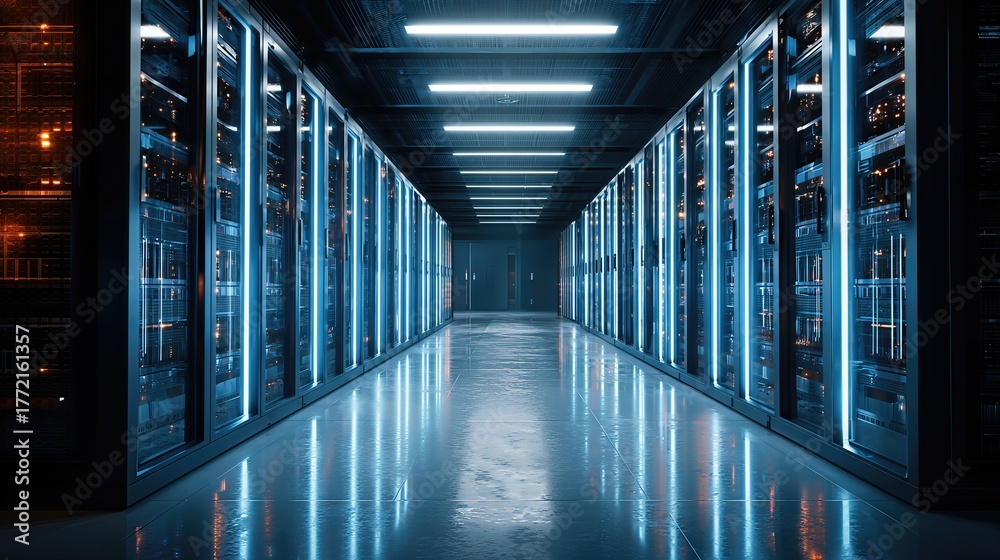 Fototapeta premium Illuminated Data Center with Blue Lights and Servers