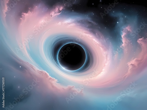 A gentle black hole floating in a pastel galaxy — waves of pale pink, baby blue, and ivory light swirling softly around the event horizon 