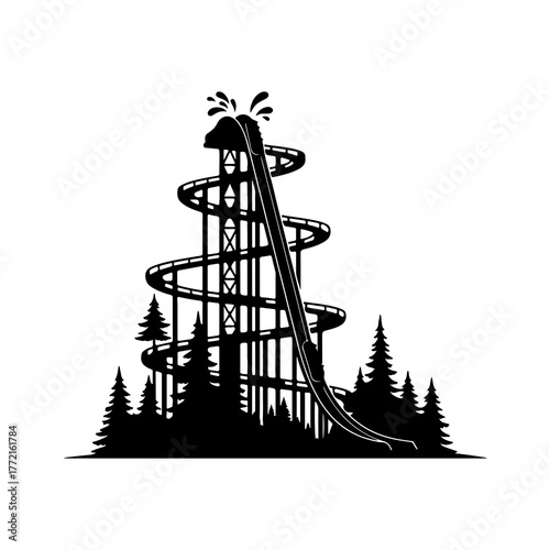 Water park slide with forest and splash with transparent background