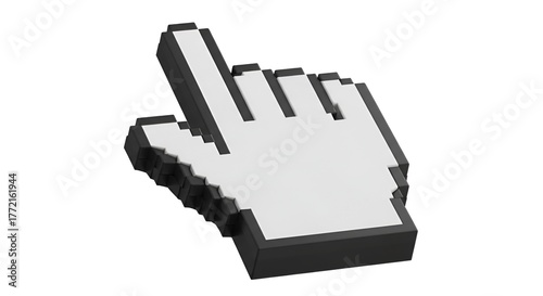 Pixelated hand cursor representing digital interaction and technology interface