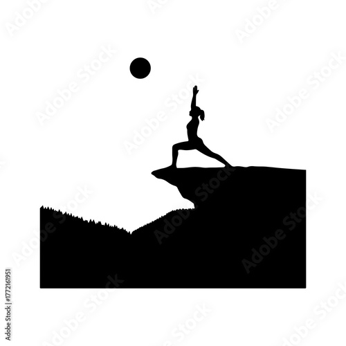 Yoga silhouette on mountain peak with transparent background