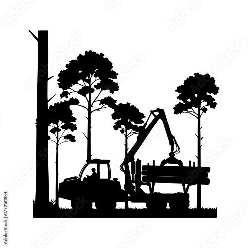 Logging operation in forest with silhouettes