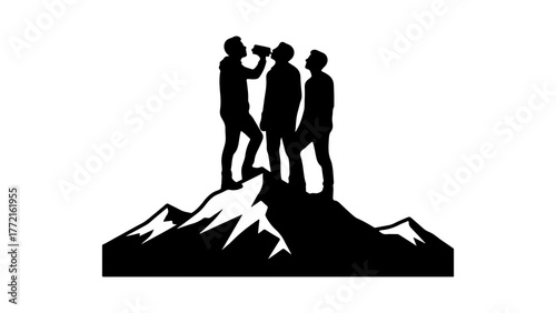 Mountaineers celebrating success on mountain peak with transparent background