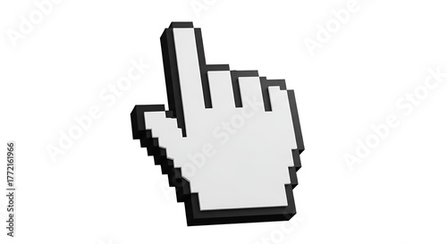 Isolated pixelated hand cursor on white background symbolizing digital interaction