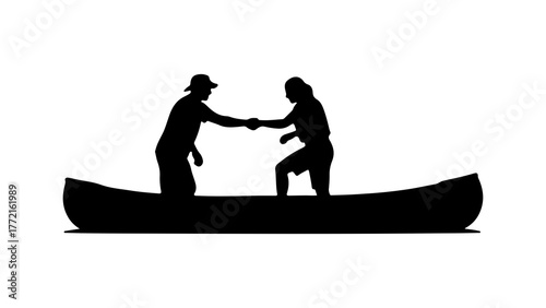 Couple shaking hands in canoe with transparent background
