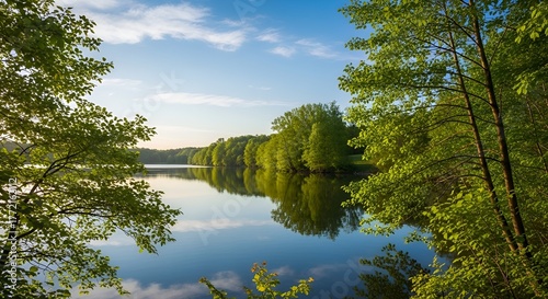 Serene Lake Reflection Under Blue Sky Surrounded by Lush Green Trees