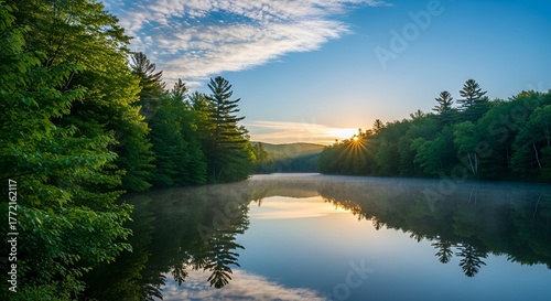 Tranquil Lake Serenity at Sunrise: Reflections of Nature's Beauty in Still Waters