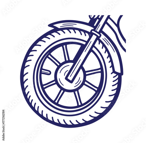 Detailed illustration of a motorcycle wheel and tire in a simplified blue line art style