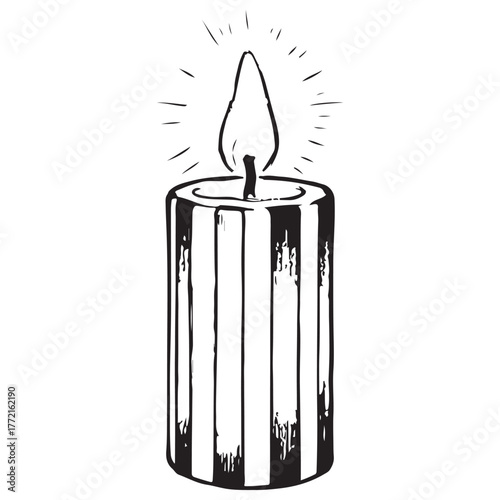 Black and white hand-drawn candle with striped design and glowing flame.