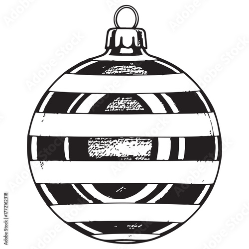 Monochrome Striped Christmas Ornament Illustration with Textured Details