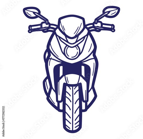 Front view illustration of modern motorcycle in dark blue outline on white background