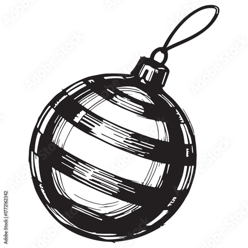 Hand-Drawn Christmas Ornament Illustration with Striped Pattern Black White