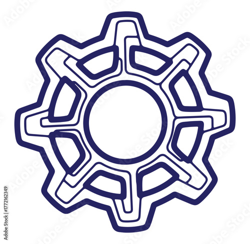 Geometric gear icon in deep blue with outlined design on white background