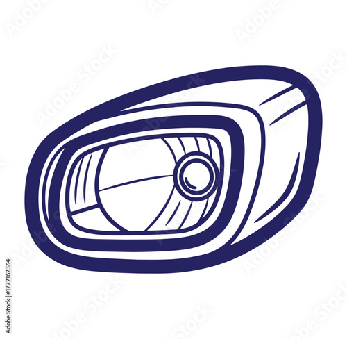 Hand drawn illustration of a stylized car headlight with dark blue outline on white background.