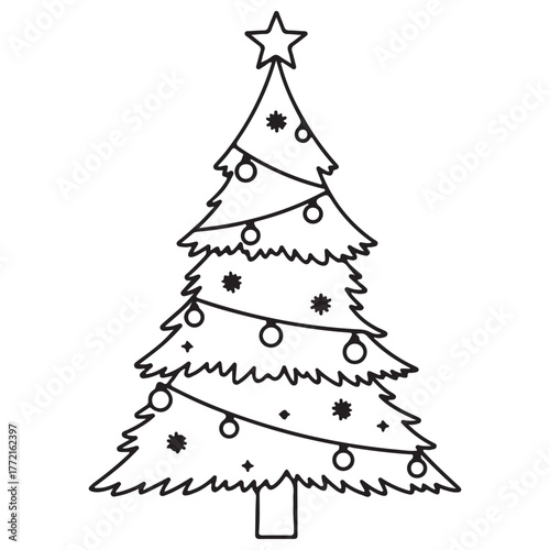 Black Outline Christmas Tree with Star and Festive Decorations Isolated