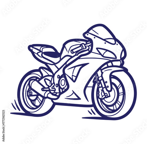 Outline illustration of a modern sport motorcycle in bold blue on a white background