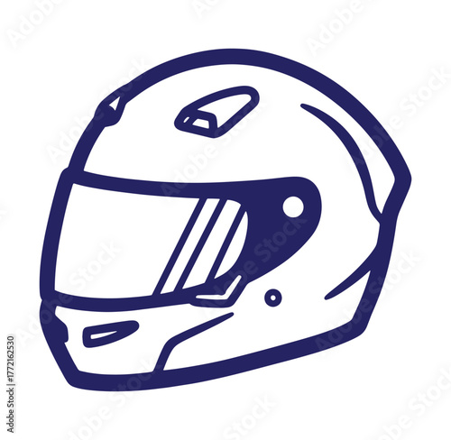 Outline illustration of a racing motorcycle helmet in dark blue and white colors