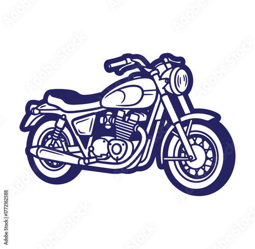 Outlined vector illustration of a classic motorcycle in dark blue on a white background