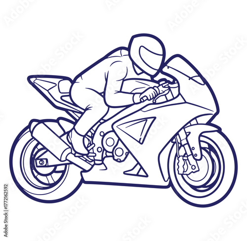 Outlined vector illustration of a professional motorcycle racer on a sportbike racing