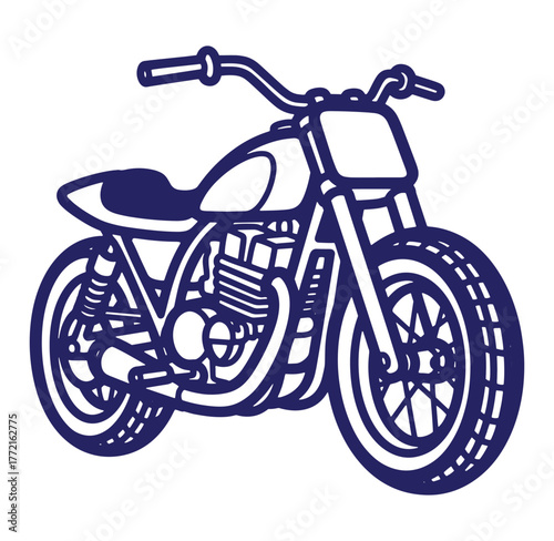 Simple blue line drawing of a motorcycle with classic design elements on a white background