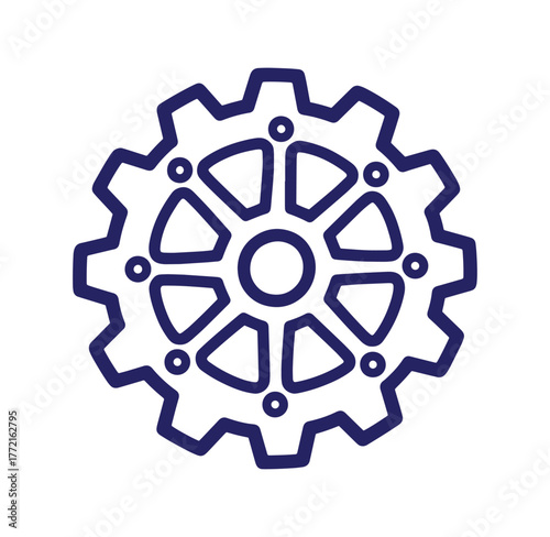 Simple blue outline gear icon illustrating technology engineering and machinery parts
