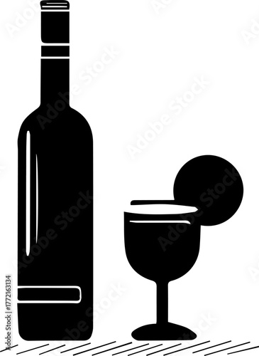 Bottle of wine and a wine glass are shown on a white background. The wine glass is half full, and the bottle is half empty. Concept of enjoying a glass of wine and the concept of moderation