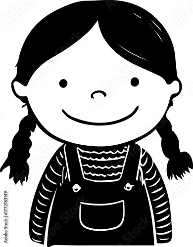 Girl with pigtails and a smile on her face. She is wearing a black and white outfit