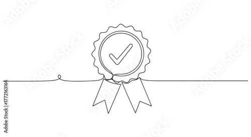 One line continuous art of a badge with a checkmark, a symbol of quality assurance