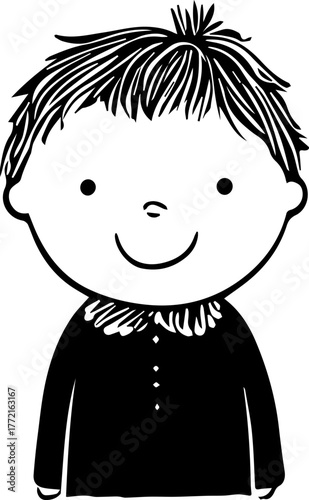 Cartoon boy with a smile on his face. He is wearing a black shirt and a white collar