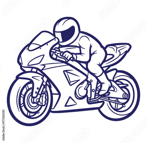 Vector illustration of a motorcycle racer riding a sport bike with bold blue outlines
