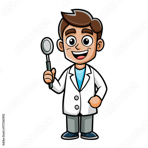 Cartoon dentist holding a dental mirror and smiling happily