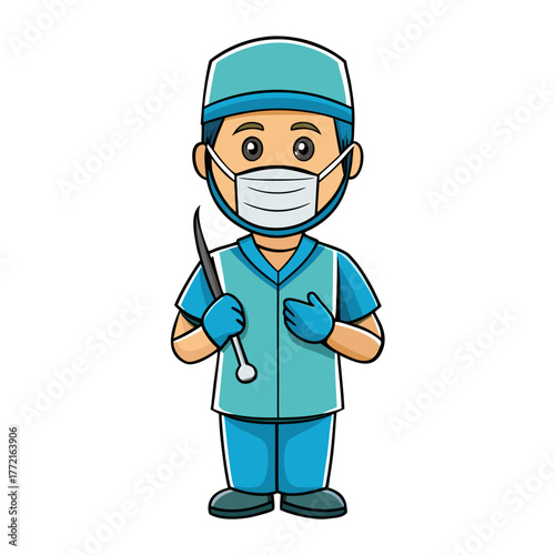 Cartoon Surgeon in Scrubs Holding a Scalpel