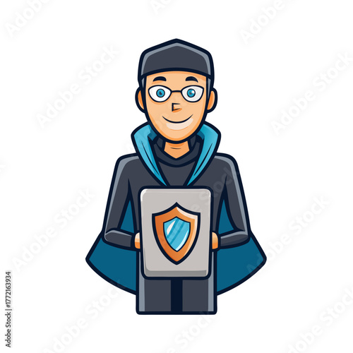 Cartoon cybersecurity specialist holding shield icon on tablet