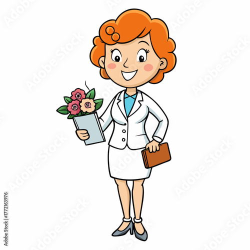Smiling wedding planner holding a bouquet and clipboard