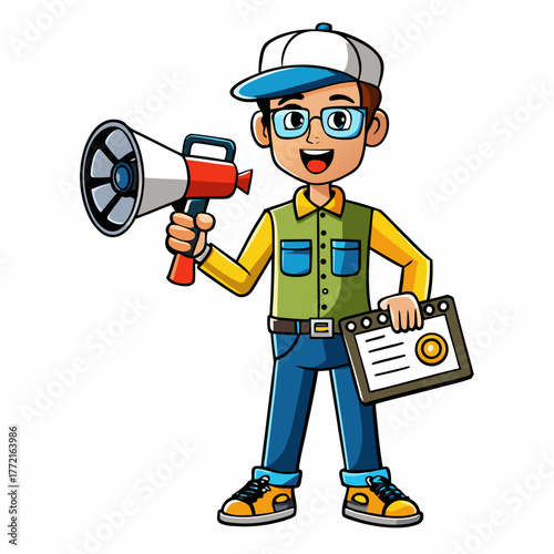Cartoon Movie Director with Megaphone and Clipboard