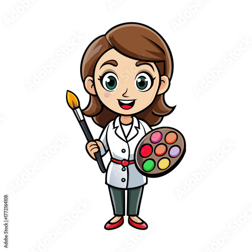 Cartoon makeup artist holding brush and palette with smile