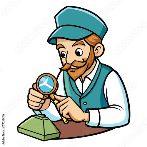 Cartoon jeweler examining a gemstone with magnifying glass