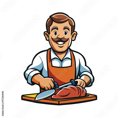 Butcher in apron cutting meat with knife on a wooden board