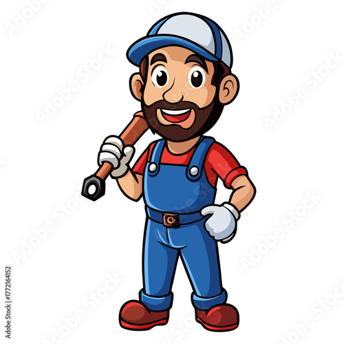 Cartoon Plumber with Wrench in Overalls Smiling Cheerfully