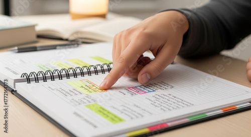 Student's Hand Pointing at Highlights in Planner for Effective Study Session