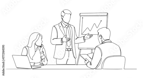 One line continuous art of a business presentation A simple illustration for analysis, growth, and teamwork d