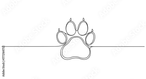 Elegant one line continuous art drawing of a pet paw print, a minimalist graphic illustration perfect for animal-themed designs and projects